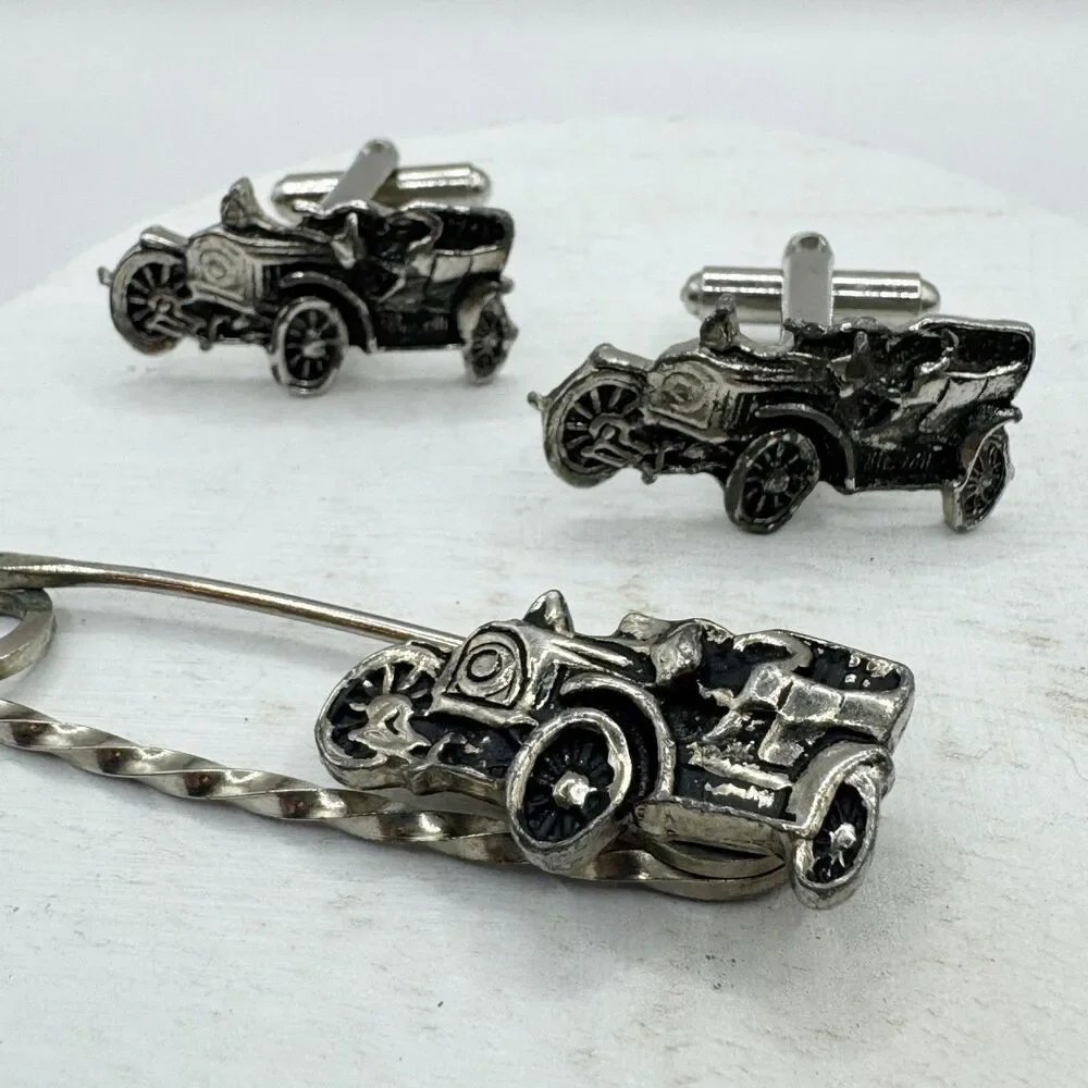 Vtg Ford Model T Antique Car Silver Tone Cufflinks And Tie Pin Bar Set  Fancy